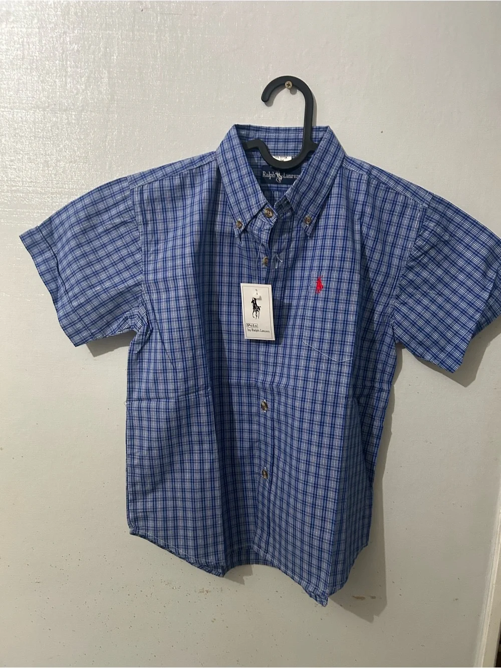 Ralph Lauren Boys Blue Plaid Short Sleeve Button-Down Shirt with Red Pony